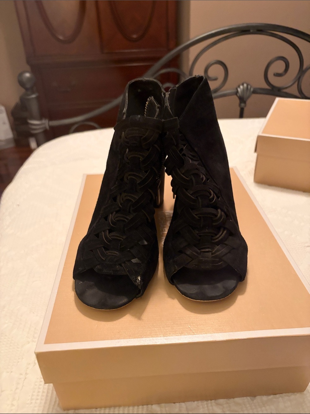 Michael Kors Black Suede Lace-Up Peep Toe Heeled Booties